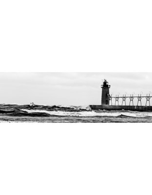 Man Against Lake Michigan - Panoramic black and white